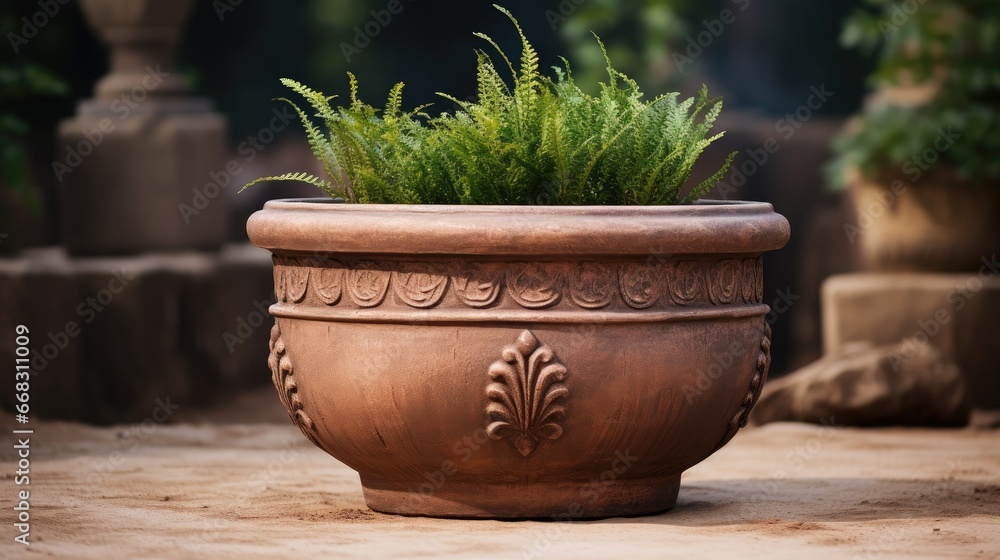 Vintage Roman terracotta pot isolated on a white background with clipping path. Ideal for garden design