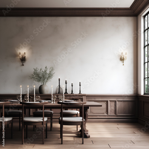 Tudor Dining Room interior, Dining Room interior mockup, Tudor style Dining Room mockup, empty wall mockup