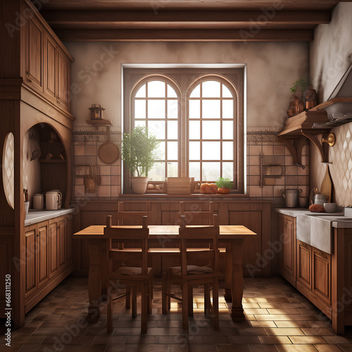 Tudor Kitchen interior, Kitchen interior mockup, Tudor style Kitchen mockup, empty wall mockup