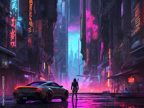 futuristic cityscape with towering skyscrapers, neon lights, cyberpunk style