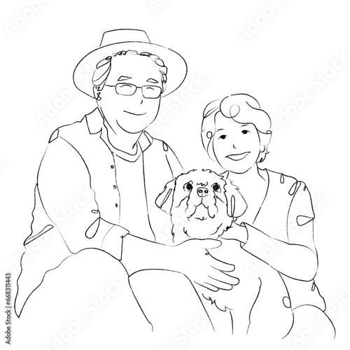 senior couple with medium sized dog family portrait, line drawing / doodle	
