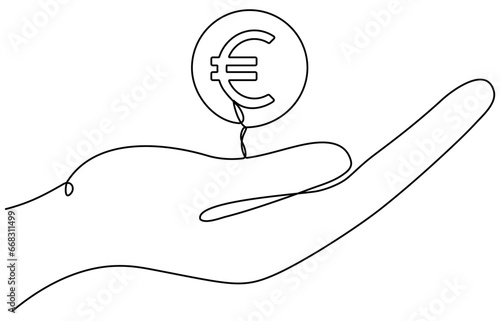 Hand holding euro coin continuous line drawn. Pay symbol. Charity donation concept. Vector illustration isolated on white.