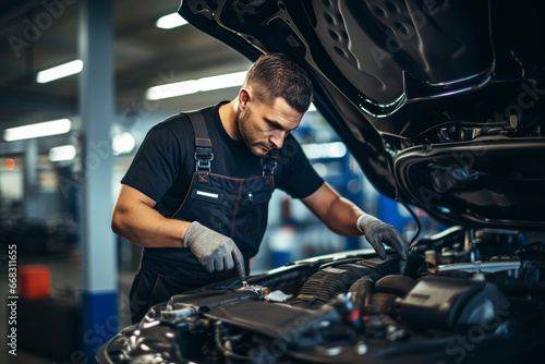 Attractive confident male auto mechanic working in Car Service photo
