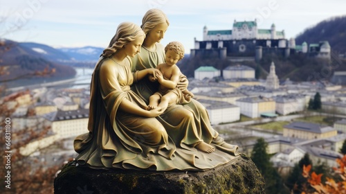  maria and josef with her baby jesus in salzburg, christus time, salzburg panorama in background