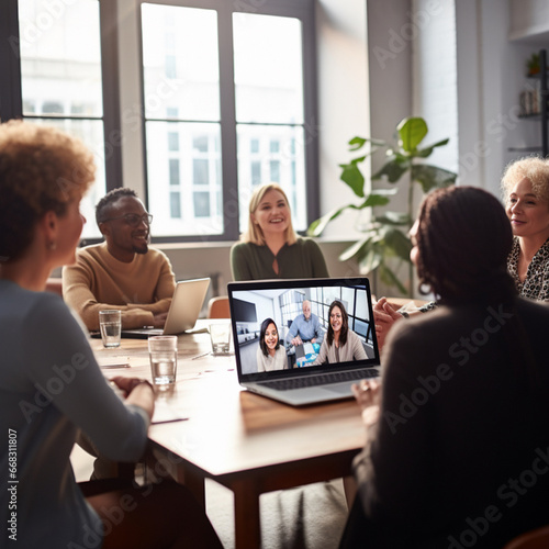 people working together in office and video conference photo