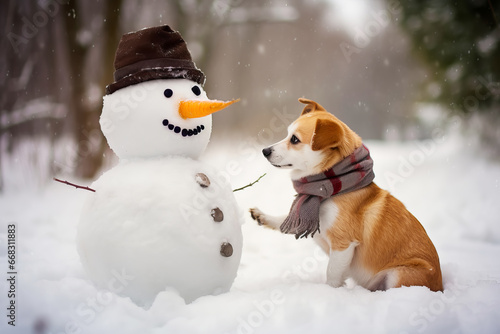 Cute dog in scarf and snowman in winter forest