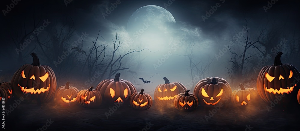Jack O lanterns in mist on Halloween background