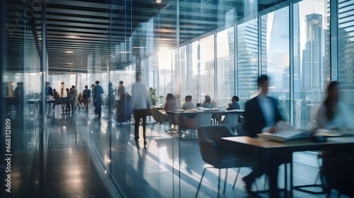 Blurred employ's office in building with glass walls, sunny day, generative AI. photo