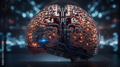 Futuristic Neural Technology, the Future of AI: Artificial Brains, Neural Links, Electronic device connected to a human brain 16:9 photo
