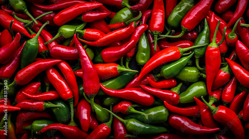 Natural background of fresh red and green chili peppers. Full frame. A quality product. Healthy eating. Close-up.