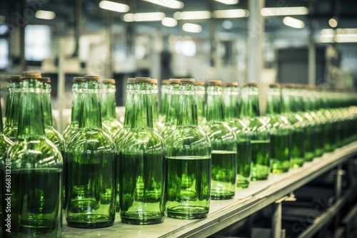 Glass bottles being produced and filled in a factory.
