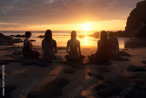 Group meditation session in a tranquil beach setting