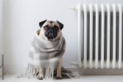 Cute pug dog is freezing in living room and warming himself under blanket near radiator