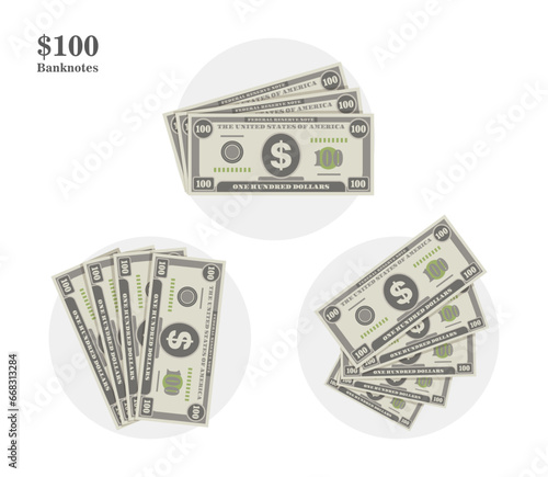 Different types of US dollar money bill sets. Simple piles, fan shape 100 USD banknotes. Flat icon cartoon style. Green money. Finance and commerce concept. Vector design illustration.