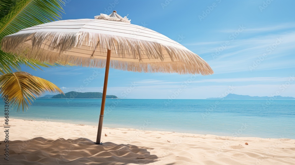 Immerse your audience in the allure of a leisurely day at the beach with a solitary coconut leaf parasol. Perfect for conveying the essence of a tranquil, sun-soaked paradise