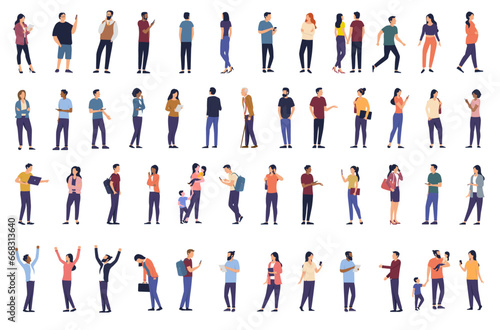 Vector people bundle collection - Set of illustrations with various diverse casual flat design characters in side view doing regular normal day activities and poses