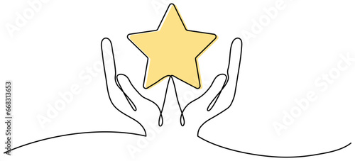 Hands holding yellow star continuous one line drawing. Vector illustration isolated on white. photo