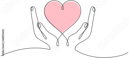 Hands holding color heart continuous one line drawing. Charity donation linear concept. Vector illustration isolated on white.