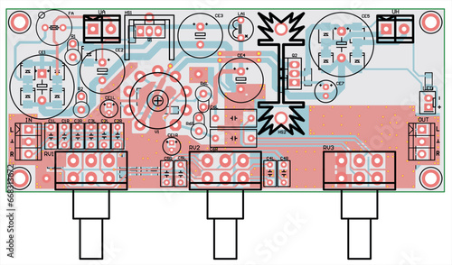 Vector printed circuit board of an electronic 
device with components of radio elements, 
conductors, contact pads, radiator and regulator placed on it.  Engineering technical drawing. Pcb pattern.