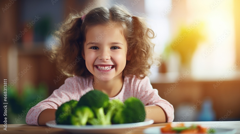 Happy and healthy kid: An image of a cheerful child girl smiling while enjoying a plate of fresh broccoli – a vibrant portrayal of a plant-based diet's positive impact on children's well-being Happy and healthy kid: An image of a cheerful child girl smiling while enjoying a plate of fresh broccoli – a vibrant portrayal of a plant-based diet's positive impact on children's well-being