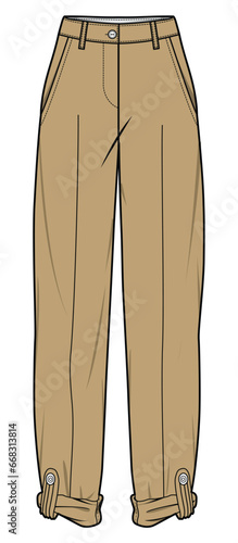 Folded Roll Up Tab Hem Pant  Fashion Illustration, Vector, CAD, Technical Drawing, Flat Drawing, Template, Mockup.