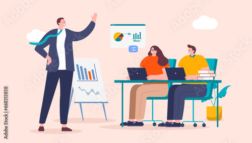 Business course and lecture - Businessman teaching adult students about corporate finance with graphs and charts. Flat design vector illustration