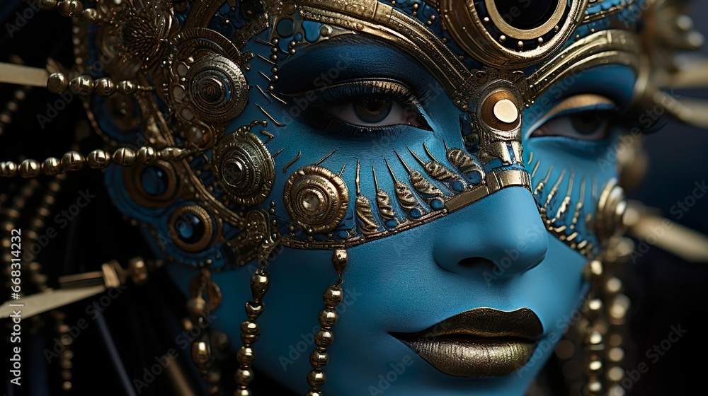 elegant woman with blue and gold mask-like makeup and headpiece elegant woman with blue and gold mask-like makeup and headpiece