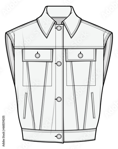 Sleeveless Dropped Armhole Crop Jacket, Vest Denim Jacket  Fashion Illustration, Vector, CAD, Technical Drawing, Flat Drawing, Template, Mockup