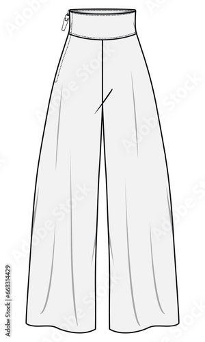 High Waist Side Zip Flared Wide Leg Pant   Fashion Illustration, Vector, CAD, Technical Drawing, Flat Drawing, Template, Mockup.