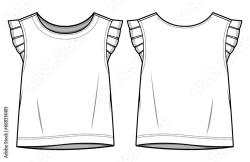 Kids Girls Box Pleat Sleeve T-shirt Top   Front and Back View. Fashion Flat Sketch Vector Illustration, CAD, Technical Drawing, Flat Drawing, Template, Mockup.