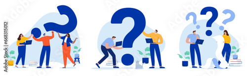 Business question illustration collection - Set of vectors with people and question marks working and solving problems. Support and questionnaire concept in flat design with white background