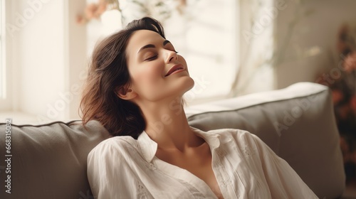 Indulge in serenity: A beautiful 30s woman with eyes closed, enjoying a moment of relaxation on a comfortable sofa in a cozy living room. Create an inviting website header for stress-free living