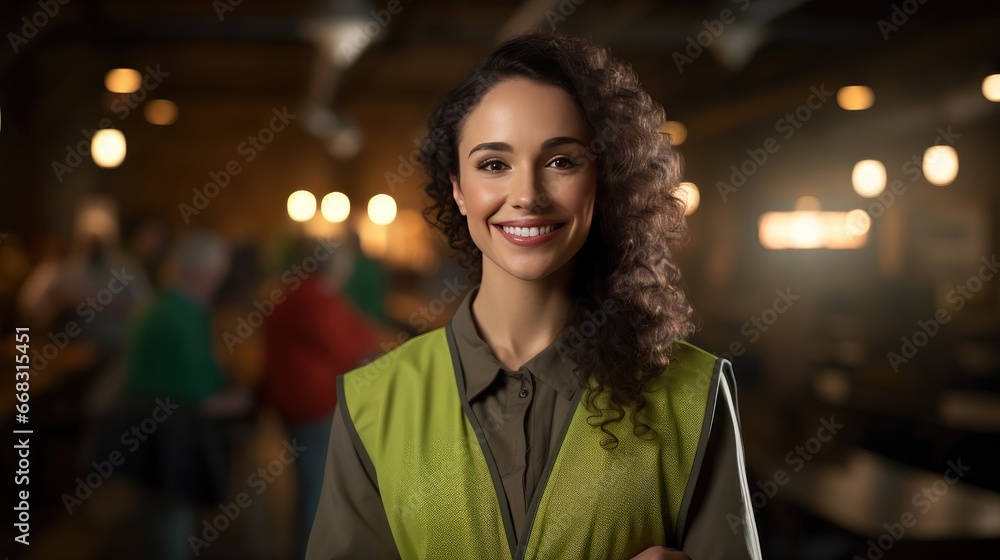 Capturing the essence of kindness: A portrait of a millennial female volunteer, her folded arms signify gratitude and belief in charity, spreading positivity through her cheerful smile Capturing the essence of kindness: A portrait of a millennial female volunteer, her folded arms signify gratitude and belief in charity, spreading positivity through her cheerful smile