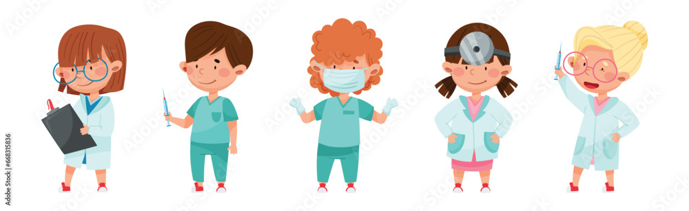 Kid Character Playing Doctors and Nurse Vector Set Kid Character Playing Doctors and Nurse Vector Set
