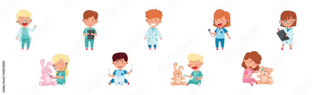 Kid Character Playing Doctors and Nurse Vector Set Kid Character Playing Doctors and Nurse Vector Set