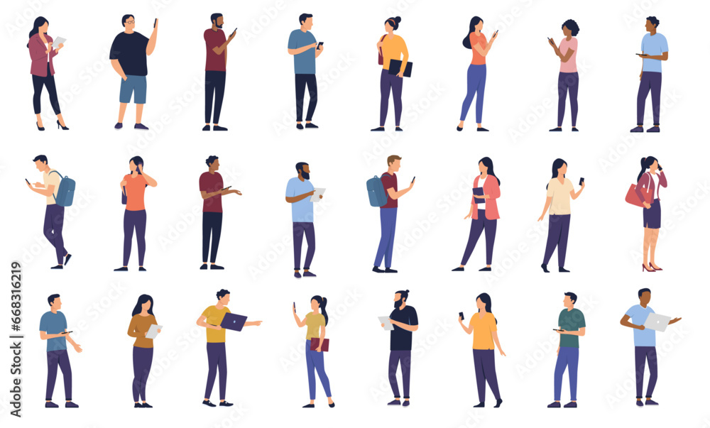 People using phone and devices collection - Set of vector characters with smartphone, tablets and computers looking at screen, talking and interacting. Flat design illustrations with white background