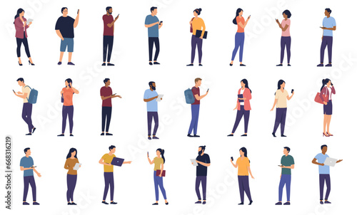 People using phone and devices collection - Set of vector characters with smartphone, tablets and computers looking at screen, talking and interacting. Flat design illustrations with white background