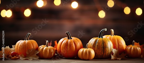 Thanksgiving harvest scene with rustic wooden table lights and bokeh with mini pumpkins and leaves