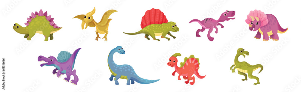 Obraz premium Funny Dinosaur Jurassic Period Prehistoric Animal Vector Set