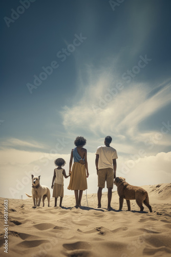 African american family with children and two dog walking in the desert