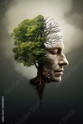 Conceptual image of human head with green tree instead of head