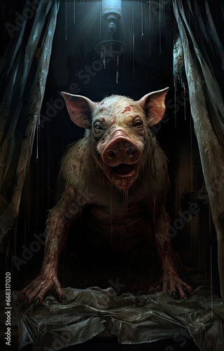 Creepy pig in the dark room. Horror Halloween concept. © ebhanu