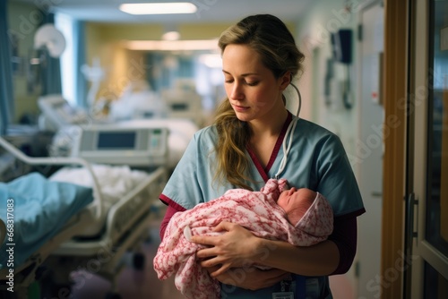 Nurse holding newborn baby in maternity ward. photo