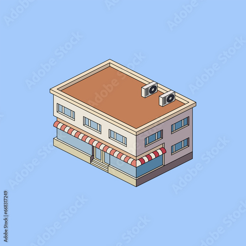 Isometric building of a shop, vector illustration.
