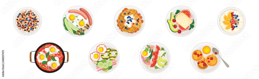 Breakfast Food and Meal Plating Above View Vector Set