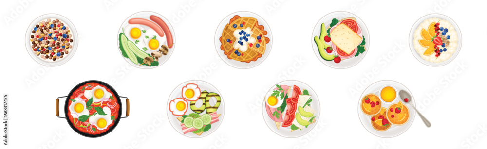 Breakfast Food and Meal Plating Above View Vector Set Breakfast Food and Meal Plating Above View Vector Set