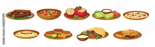 Egyptian Dish and Traditional Cooked Food on Plate Vector Illustration Set