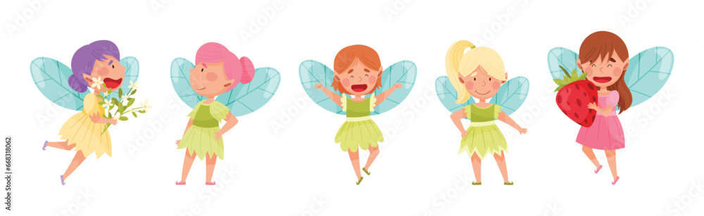 Cute Girl Fairy with Wings and Pretty Dress Vector Set Cute Girl Fairy with Wings and Pretty Dress Vector Set