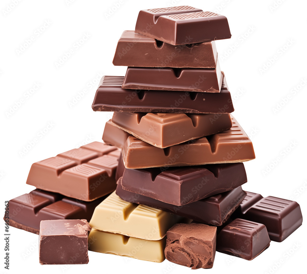 A pile of different types of chocolate. Milk chocolate, dark chocolate and white chocolate. Lots of chocolate pieces. Isolated on a transparent background.
