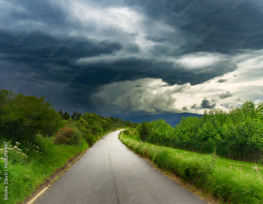 Green Wilderness Road Journey under Stormy Skies